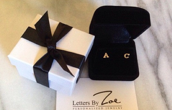 14k Gold Initial Stud Earrings - Onyx and Blush
 - 2